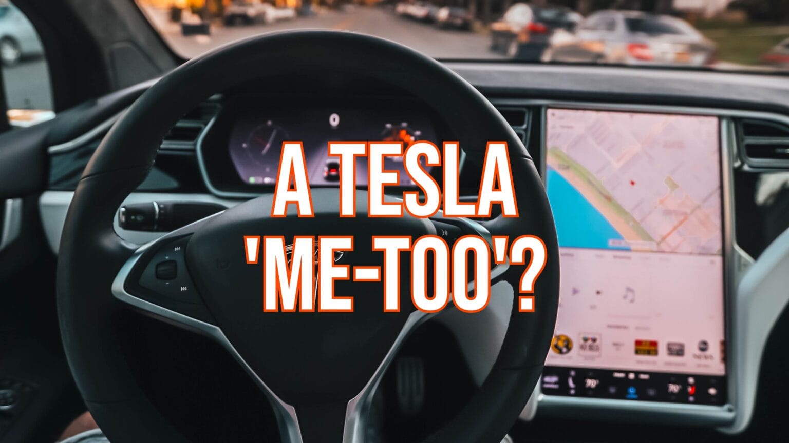Interior of a Tesla car with text 