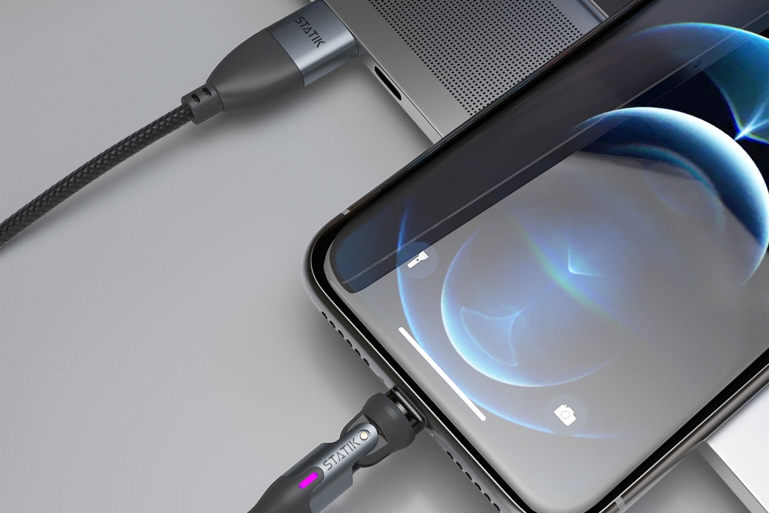 Statik 360 Pro multi-charging cable with swappable USB-C, Lightning and Micro USB tips.