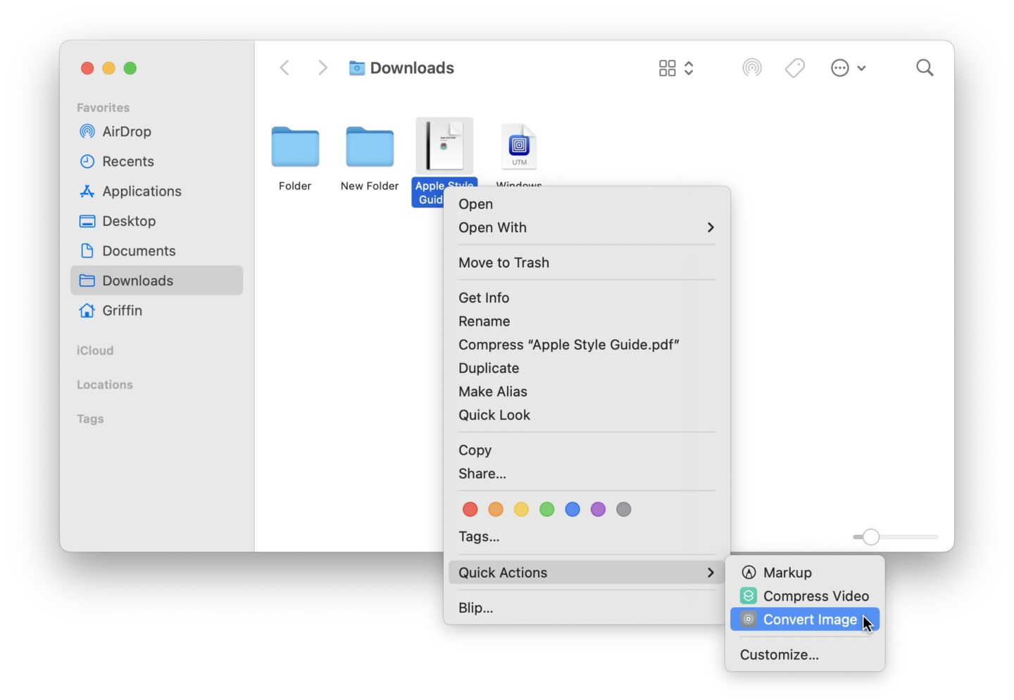 Screenshot Mac screenshots shows how to convert PDF to JPG on a Mac from the Quick Actions menu.