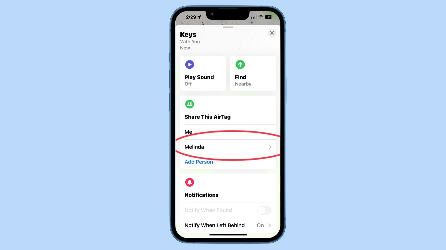 An Apple AirTag that has been shared An Apple AirTag that has been shared