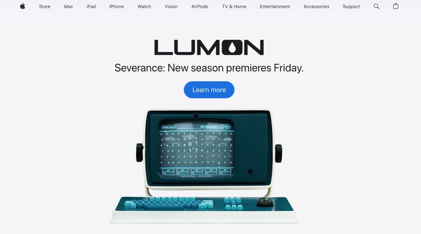 Screenshot Screenshot of Apple.com website showing Lumon Industries computer to promote season two of Apple TV+ sci-fi show "Severance."