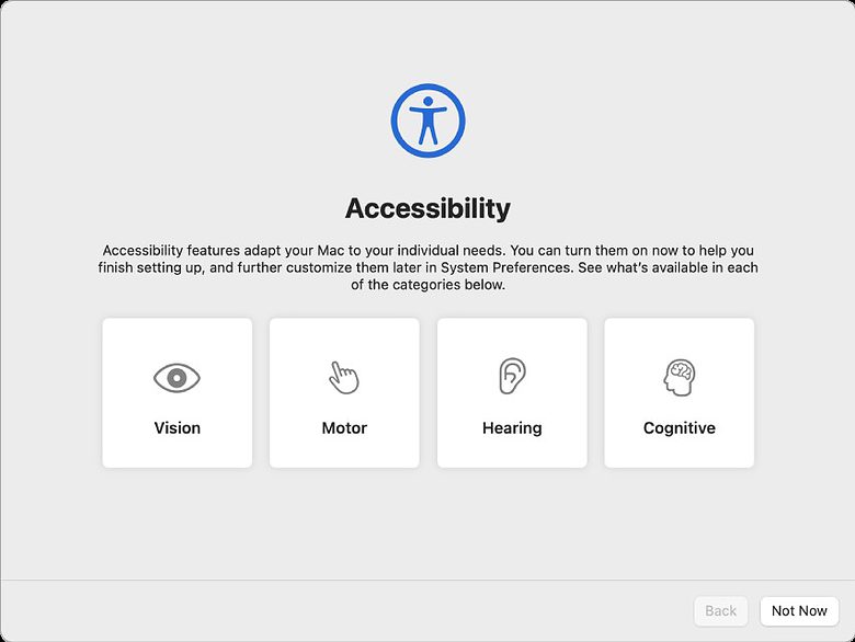 Mac Setup Assistant – Accessibility Accessibility settings on the Mac Setup Assistant