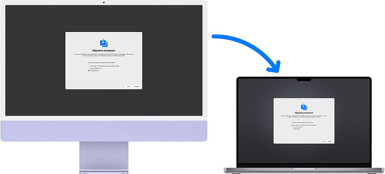 Mac Setup Assistant – Migration Migration Assistant running on an iMac and MacBook Pro