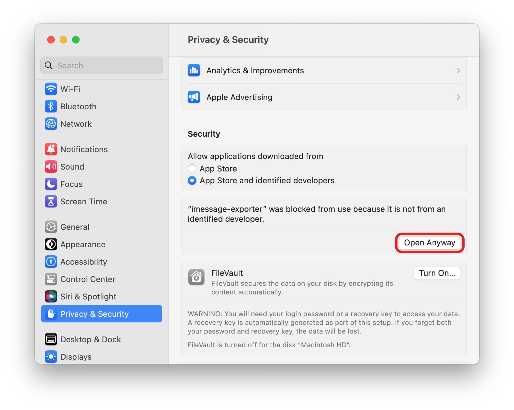 Open iMessage Exporter Anyway Click “Open Anyway” in System Settings