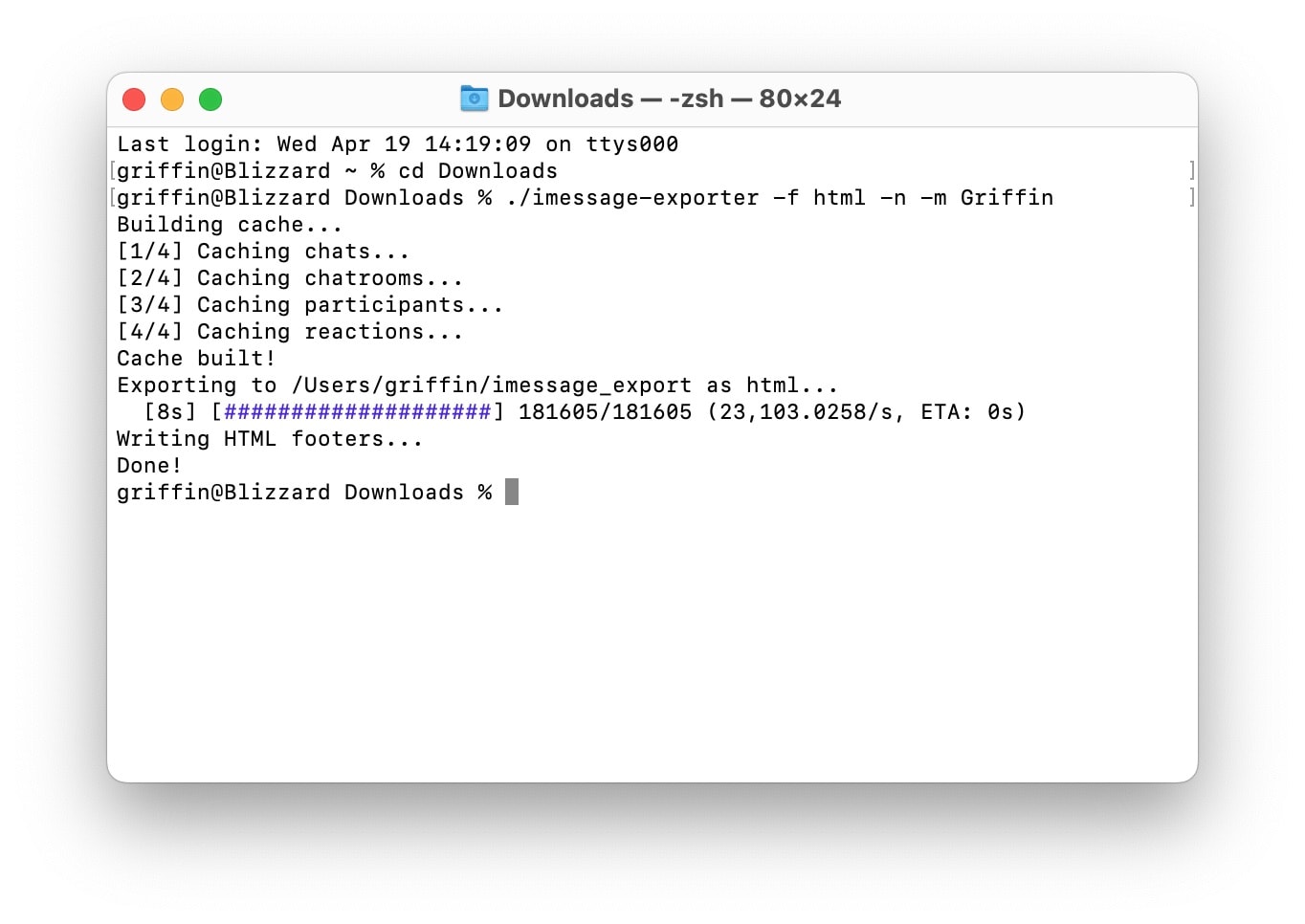 Run iMessage Exporter from Terminal Running iMessage Exporter to back up messages from the Terminal