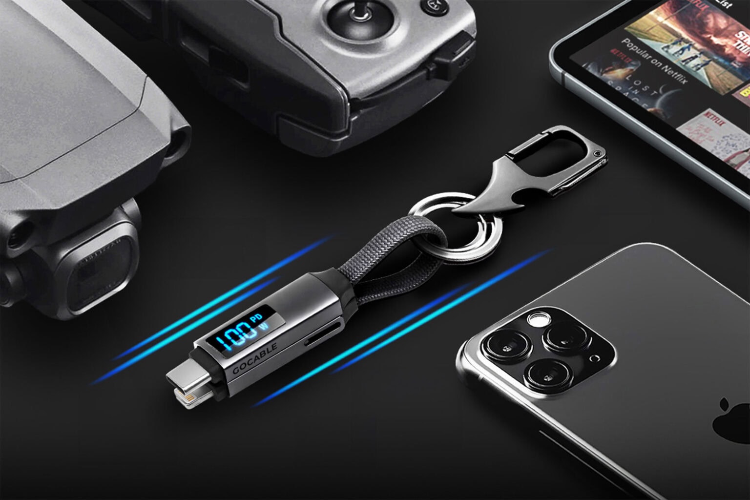 Product photo of the GoCable keychain charging cable.