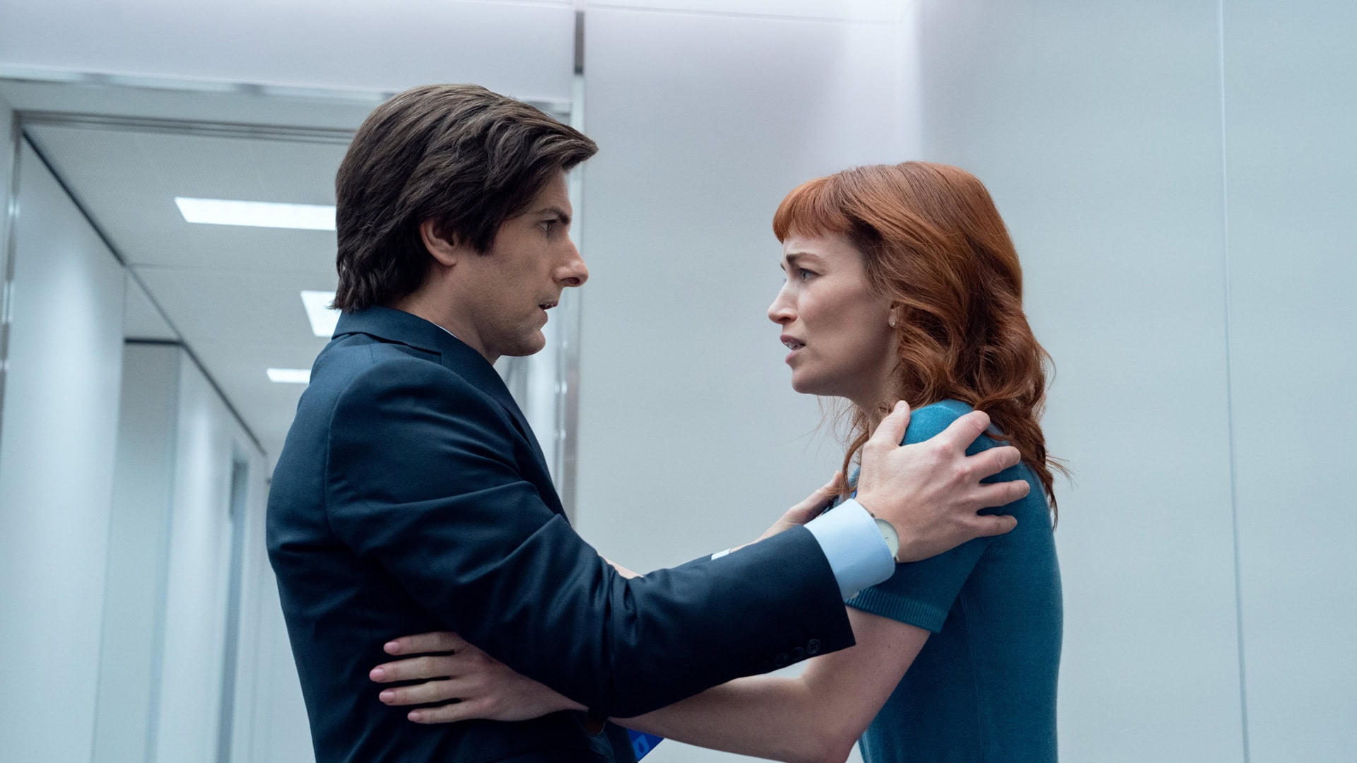 Severance s2 ep1 Mark S greets Helly R Mark W. and Helly R. back at work on Severance, season 2
